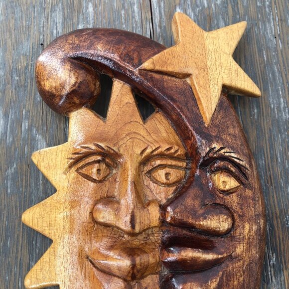 Handcarved Wooden Celestial Sun Moon Stars Wall Hanging Plaque Sculpture - Picture 2 of 6